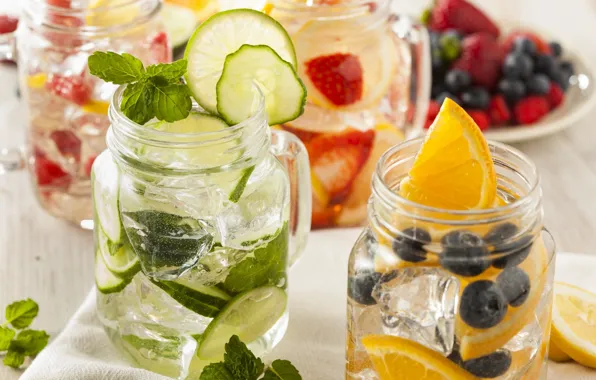 Berries, banks, drinks, vegetables, citrus, ice cubes