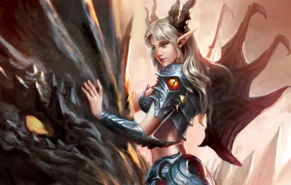 Picture dragon, Girl, armor, horns, pointy ears