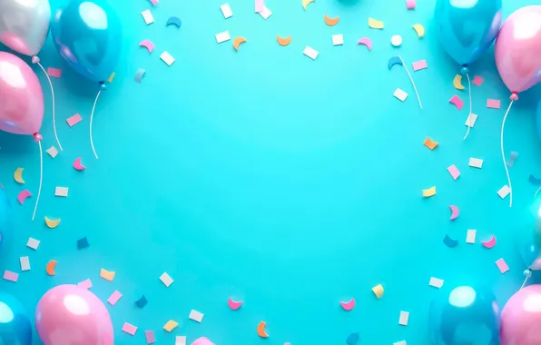 Balls, balloons, holiday, blue, pink, blue background, confetti, Birthday