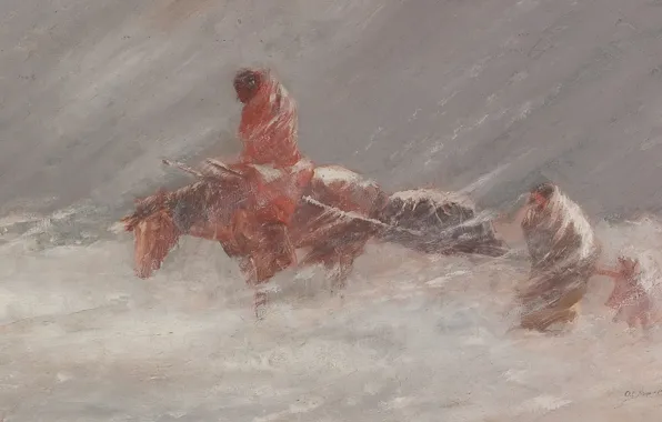 Water, horse, wagon, Oscar Edmund Berninghaus, Snow Storm