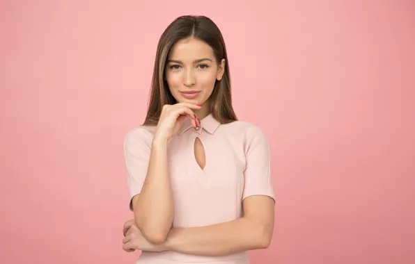 Picture pose, smile, pink background, brown eyes, smile, brown eyes, pose, charming woman