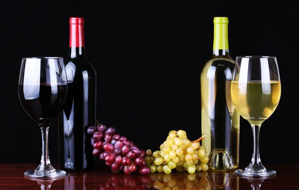 Wine, red, white, glasses, grapes, bottle, wine, grapes