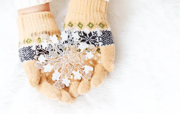 Winter, snow, snowflakes, pink, winter, mittens, snow, hands
