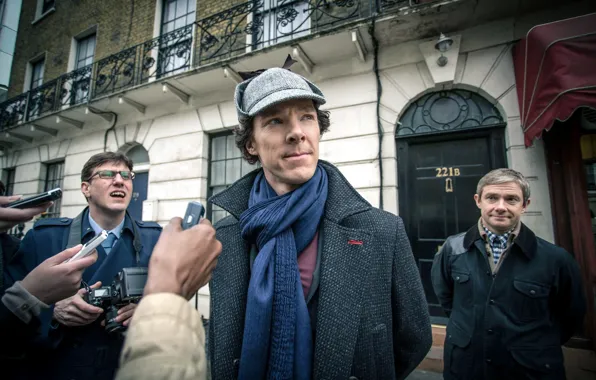 Celebrity, Martin Freeman, Benedict Cumberbatch, Sherlock, Sherlock BBC, reporters, Sherlock Holmes, John Watson