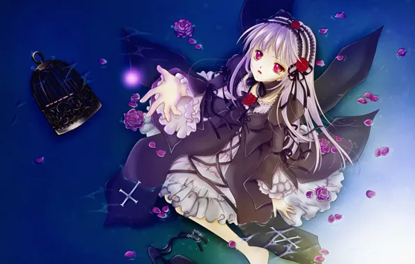 Picture water, cross, cell, petals, red eyes, rozen maiden, suigintou, art