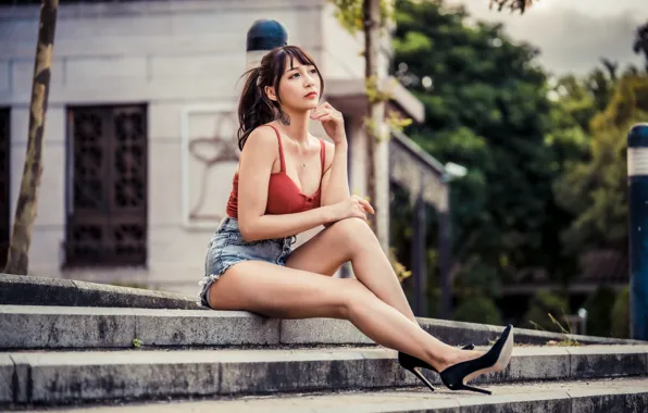 Shorts, Mike, brunette, shoes, legs, Asian, sitting