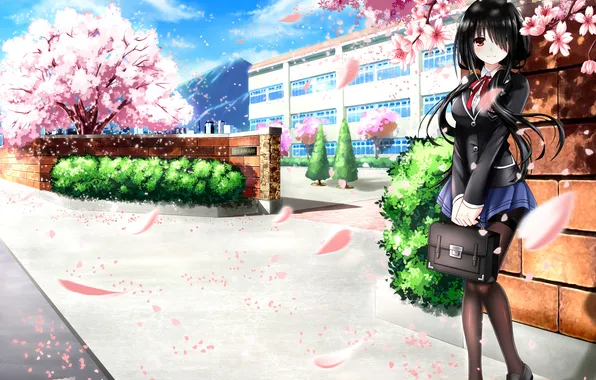 Girl, smile, anime, petals, Sakura, art, form, schoolgirl