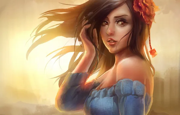 Girl, the sun, flowers, the wind, art