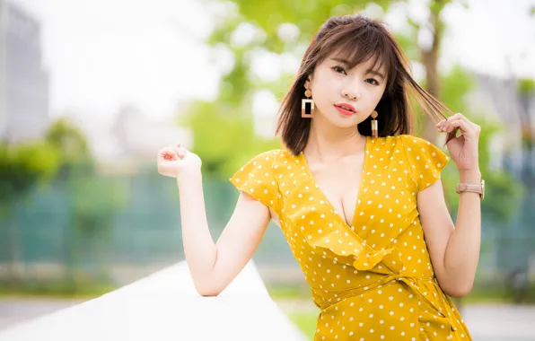 Girl, dress, neckline, Asian, bokeh