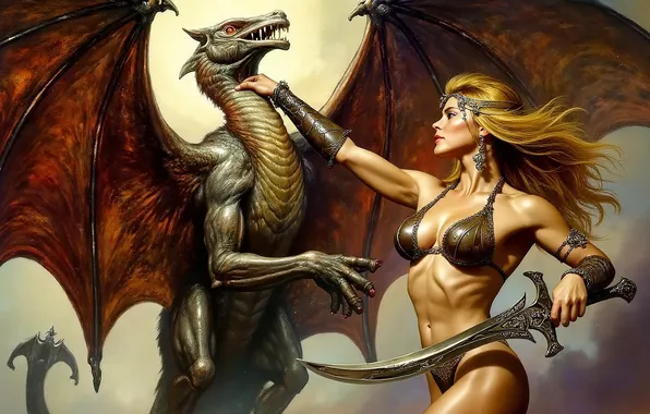 Girl, dragon, fantasy, saber, neuroart, neural network, ai art