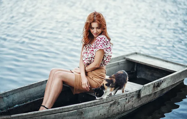 Cat, water, girl, pose, river, model, skirt, portrait