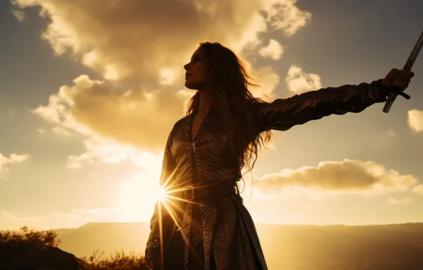 The sky, look, girl, the sun, clouds, rays, pose, sword