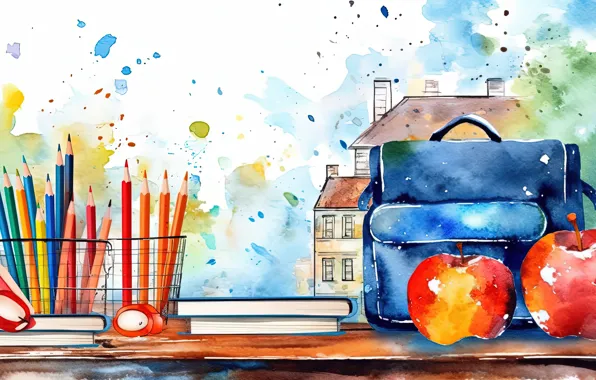 Autumn, table, apples, books, building, divorce, pencils, watercolor