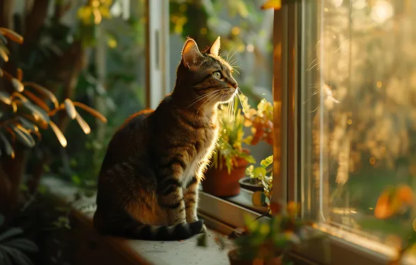 Cat, summer, cat, look, glass, leaves, light, pose