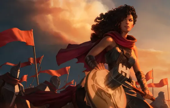 Girl, army, flags, knights, Legends of Runeterra