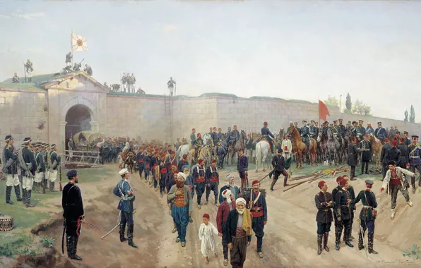 Fortress, Canvas, Nikolai DMITRIEV-ORENBURG, prisoners, The surrender of the fortress Nikopol July 4, 1877. 1883