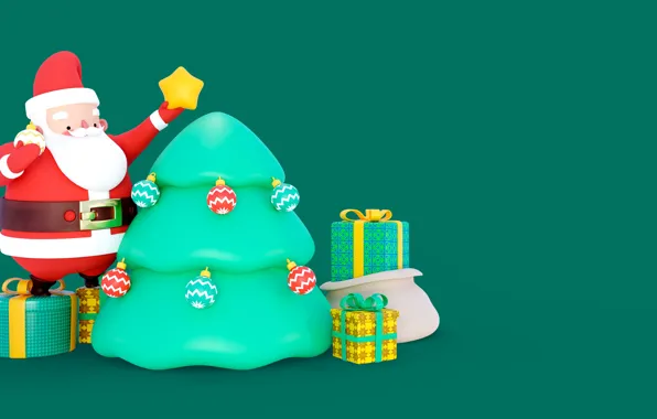 Balls, rendering, star, Christmas, gifts, New year, decoration, Santa Claus