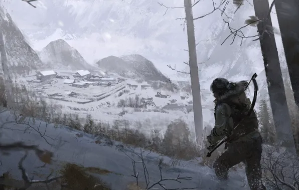 Girl, Mountains, Snow, Forest, Bow, Art, Tomb raider, Lara croft