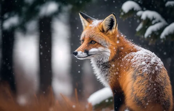 Winter, forest, look, snow, trees, nature, Fox, red