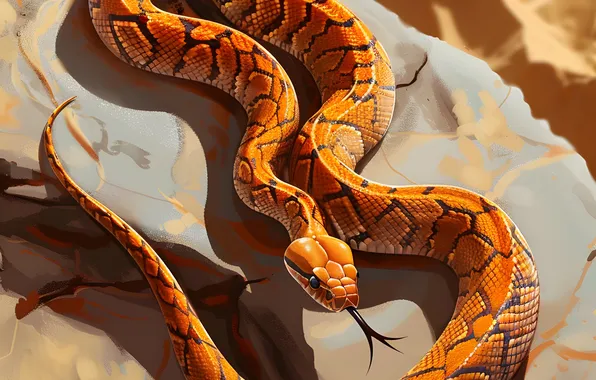 Language, Snake, Stone, Art, Reptile, Animal, Digital art, AI art