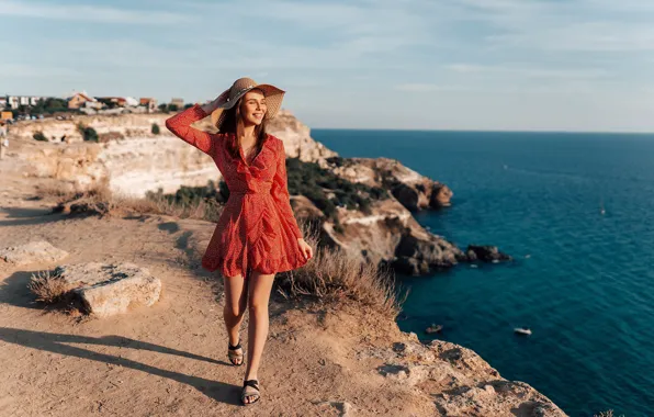 Sea, girl, pose, smile, mood, rocks, coast, hat