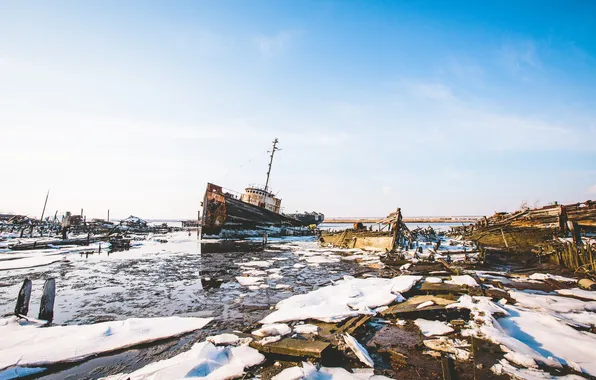 Picture ice, the sky, clouds, boat, the crash, Sunny, weight, port