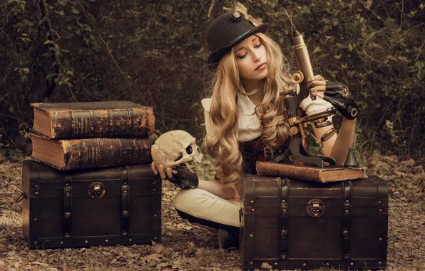 Picture girl, books, skull, hat, curls, chests, microscope