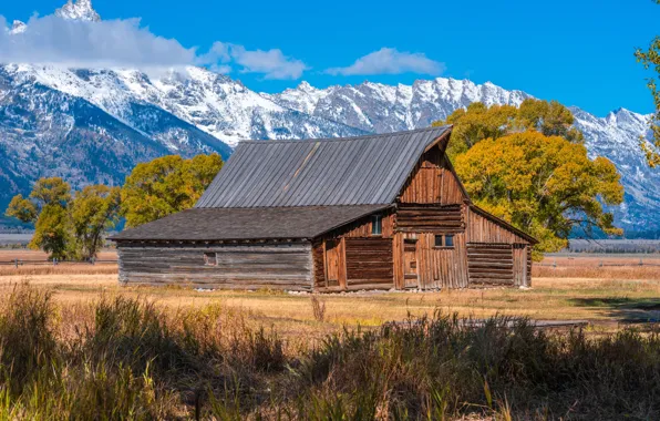 Wallpaper field, autumn, house, national Park, grand Teton for mobile ...