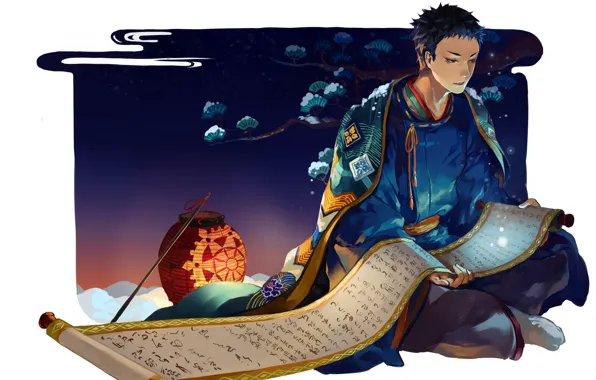 Night, pattern, lantern, white background, guy, Japanese clothing, Cape, scroll