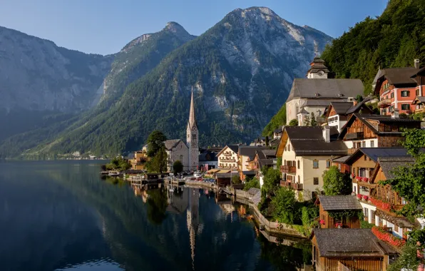 Mountains, lake, home, Austria, Alps, Austria, Hallstatt, Alps