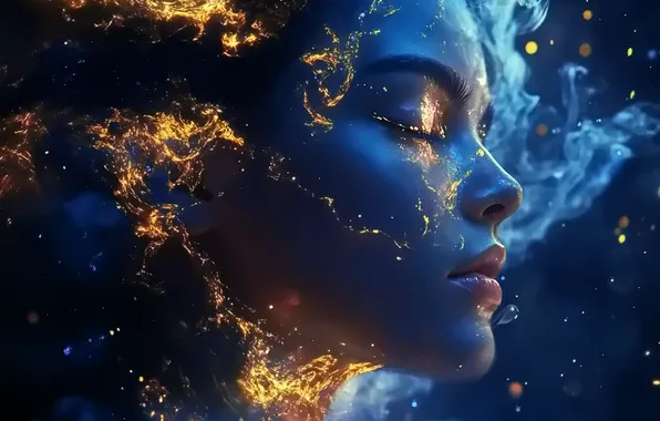 Girl, space, night, face, fire, flame, profile, blue background