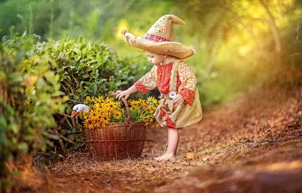 Flowers, childhood, basket, tale, hat, boy, costume, goose