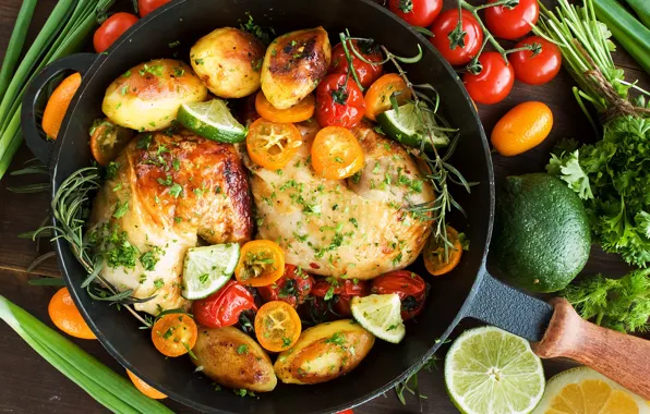 Picture meat, vegetables, tomatoes