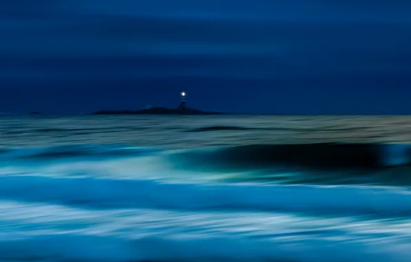 Sea, night, lighthouse