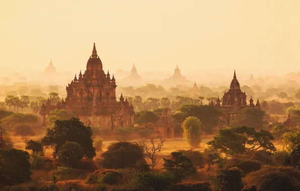 Morning, haze, Myanmar, Burma, temples