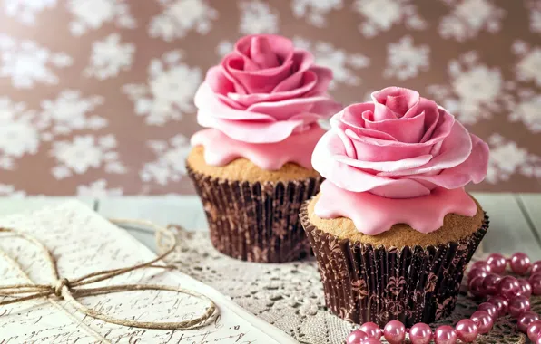 Roses, beads, decoration, cream, cakes, sweet, cupcakes, Birthday