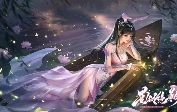Picture water, girl, night, nature, butterfly, boat, rabbit, fantasy
