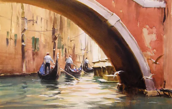 Picture birds, bridge, seagulls, picture, art, watercolor, Italy, Venice