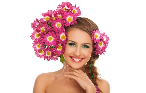 Wallpaper Girl Flowers Smile Portrait Makeup Hairstyle White