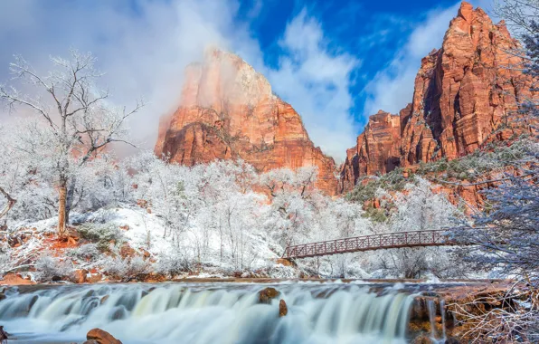 Picture winter, the sky, the sun, clouds, snow, trees, mountains, bridge