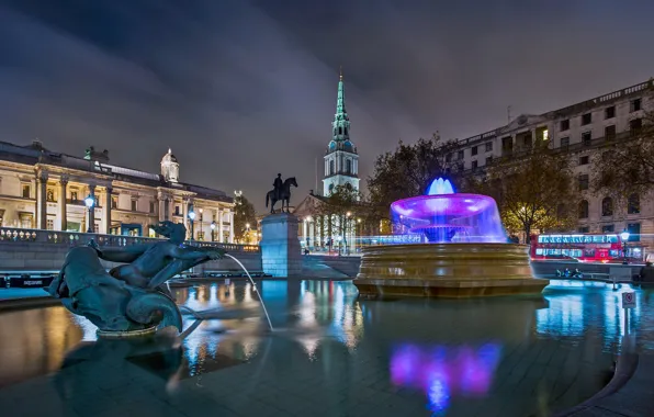 Fountain, Trafalgar square, England, night, London, lights