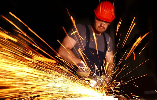 Sparks, male, helmet, grinding, rvbochy, metal processing