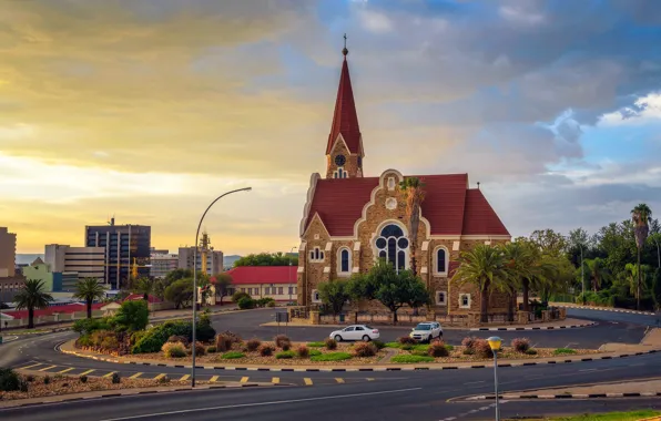 Picture sunset, the city, road, home, the evening, Church, Namibia, capital