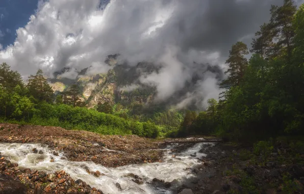 Picture clouds, trees, mountains, stones, the beauty of nature, mountain river, Nargiza Kakharova