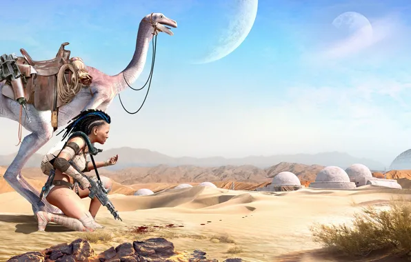 Girl, mountains, weapons, animal, desert, being, Planet