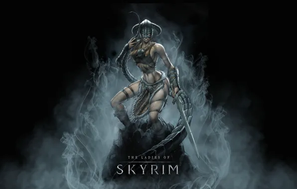 Girl, sword, armor, Skyrim, simple background
