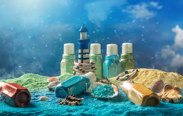 Lighthouse, jars, shell, blue, Spa, composition, sea background, bottle