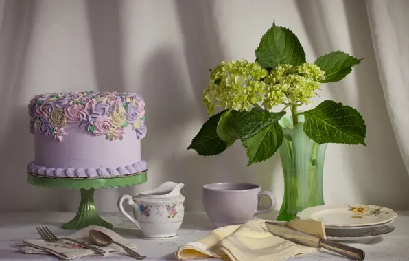Cake, dishes, hydrangea