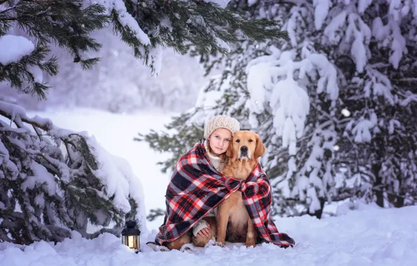 Picture winter, snow, trees, nature, dog, ate, girl, lantern