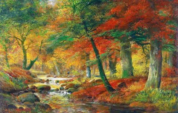 Trees, Picture, River, Alois Arnegger, Alois Arnegger, Austrian painter, River landscape in autumn